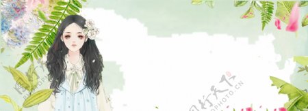 夏日女孩手绘水彩花卉海报背景