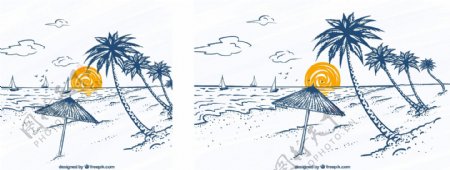 手绘素描风格椰树帆船海滩景观背景
