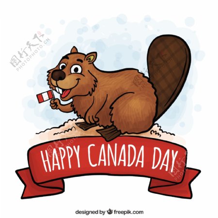 手绘微笑海狸加拿大国庆日背景