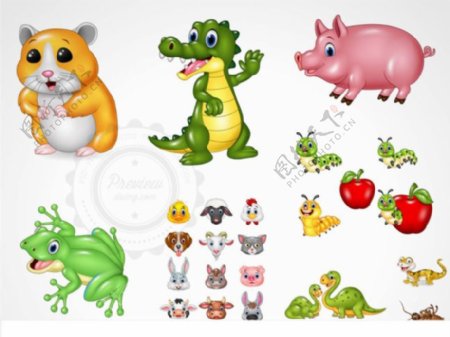 青蛙恐龙与猪猪等卡通动物矢量素材