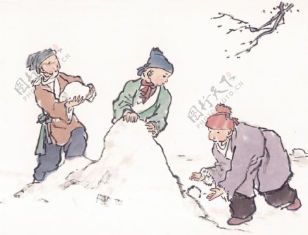 堆雪人的儿童图片