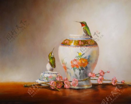蜂鸟花瓶瓷器静物油画图片