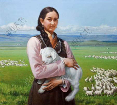 抱着羊羔的美女肖像油画图片