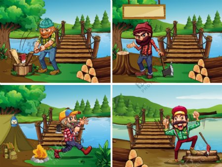 四个场景的伐木工人和森林图