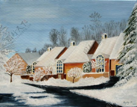 积雪覆盖的房屋油画图片