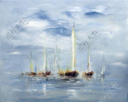 海面上的漂亮帆船油画图片