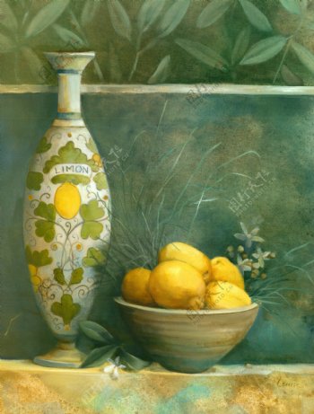 漂亮的花瓶和水果油画