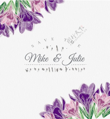 漂亮的婚礼卡片与紫色花细节