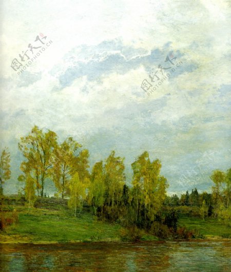 油画河边树木图片