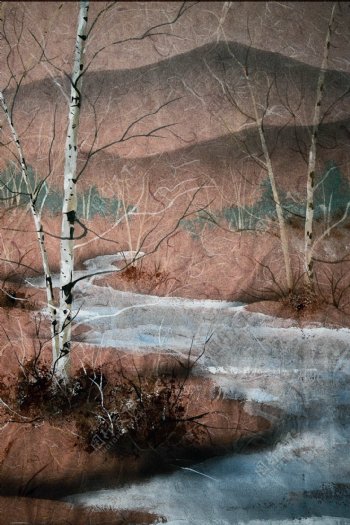 油画树木河流图片