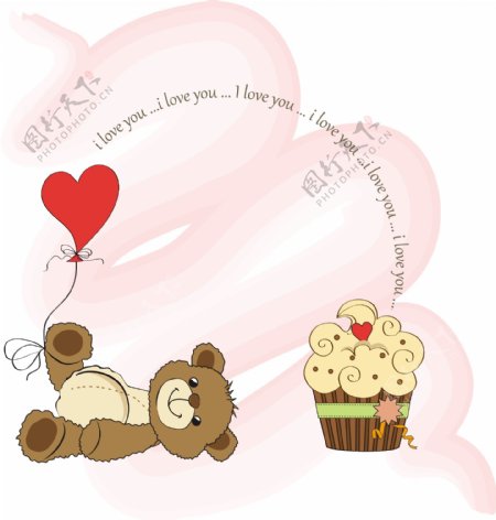 情人卡和可爱的泰迪熊和蛋糕