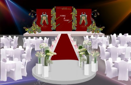 红色新中式婚礼舞台孔雀