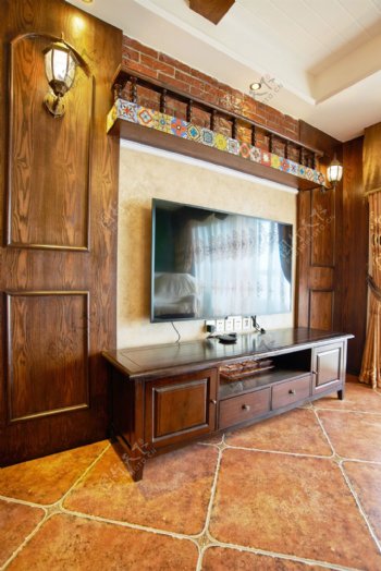 美式客厅时尚实木背景墙设计图
