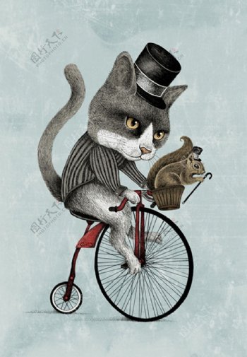 骑单车的猫失量图案动物印花图案