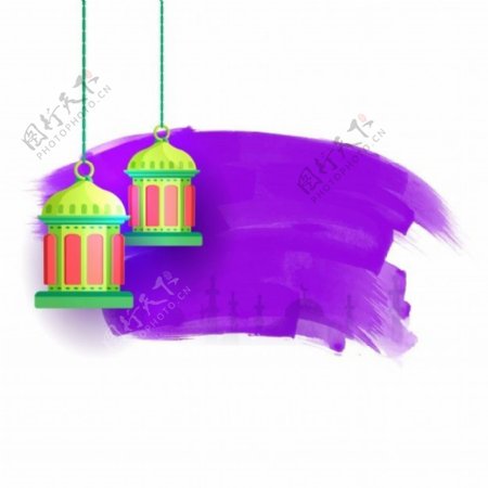 传统的阿拉伯灯笼上有抽象的紫色笔触和斋月的清真寺卡里姆社区庆典