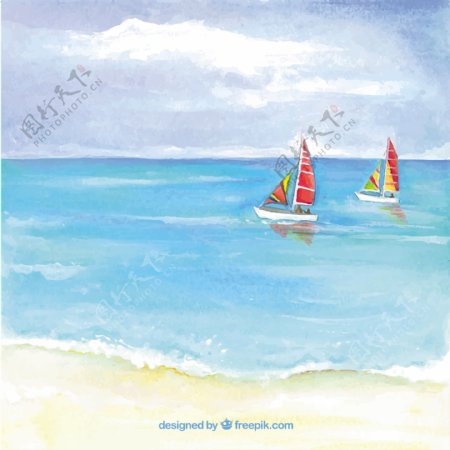 水彩画沙滩背景与两艘船
