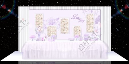 紫色梦幻浪漫婚礼展区婚礼效果图甜品区