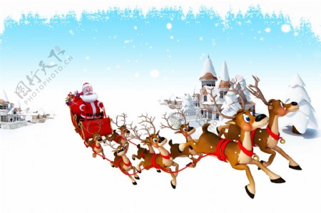 卡通圣诞老人和鹿拉雪橇图片