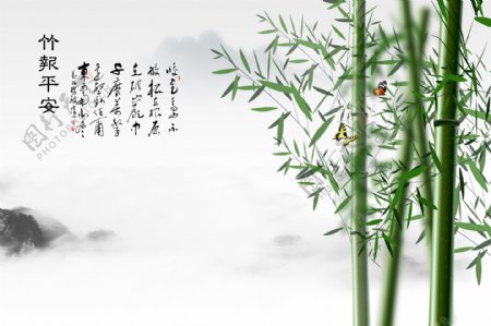 中国古典水墨竹报平安3D电视背景墙