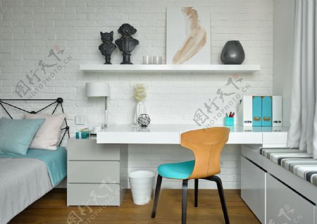 现代简约卧室书桌背景墙设计图