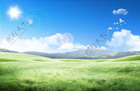 美丽的蓝天白云草地风景图片
