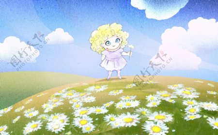 鲜花草地上的卡通女孩