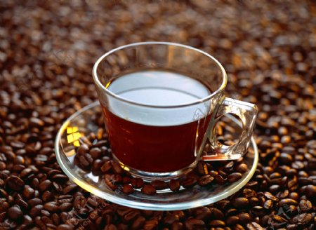 一片咖啡豆上一杯冲好的咖啡图片