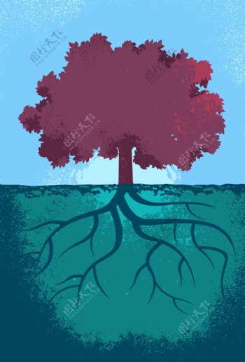 紫色大树和树根插图