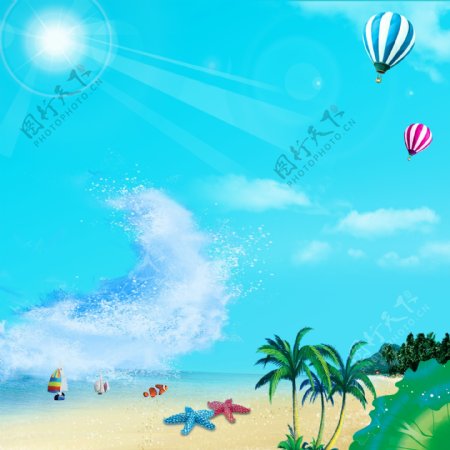 沙滩海浪蓝天白云热气球素材