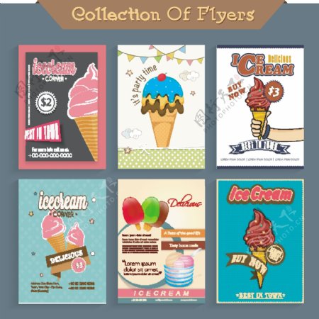 六种不同的冰淇淋传单模板或价格卡的设计