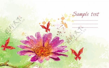 红色蝴蝶和花朵水彩画背景