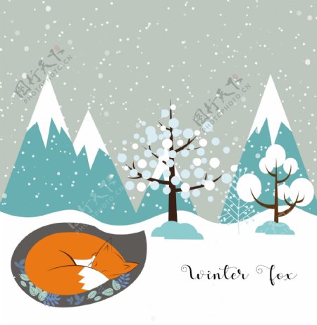 冬季狐狸扁平插画