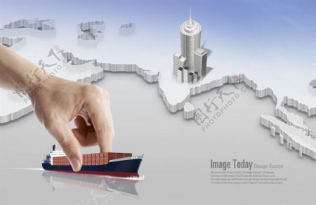 地图货船与建筑物模型PSD分层素材