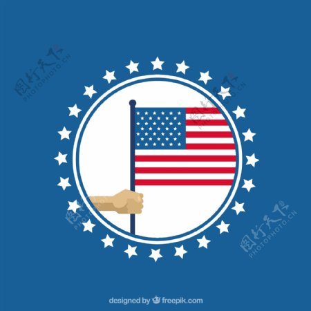 圆形星星边框手拿着美国国旗蓝色背景