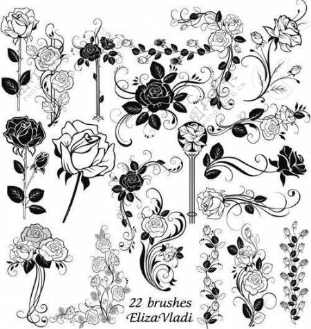 22种漂亮的手绘玫瑰鲜花植物花纹PS笔刷下载