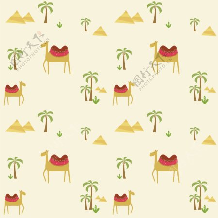 沙漠椰树骆驼无缝背景图