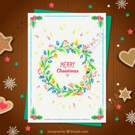 彩绘圣诞花环贺卡和木纹背景矢量素材