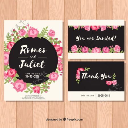 粉红色花朵装饰的婚礼邀请卡