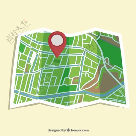 手绘折纸效果带红色导航图标街道地图
