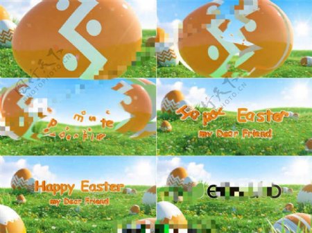 草地上裂开的彩蛋祝你复活节快乐AE模板