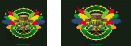 巴西嘉年华背景与小鼓和五颜六色的羽毛