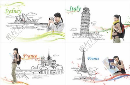手绘线条建筑风景旅游插画图片