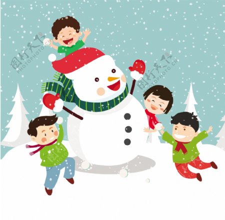 圣诞背景设计和快乐的孩子和雪人自由向量