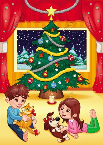 孩子和宠物卡通插画矢量圣诞节场景
