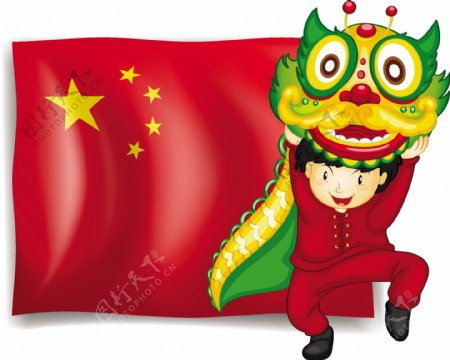 一个男孩在中国的国旗前面做舞龙