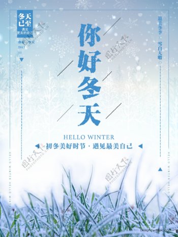 小清新蓝白色你好冬天森林雪花草地节日海报