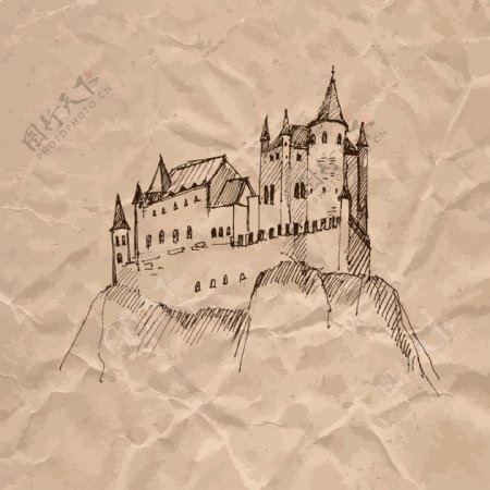 牛皮纸上手绘的城堡插画