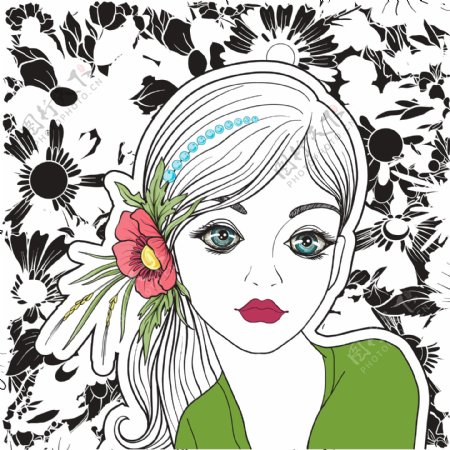 手绘时尚花朵和少女插画