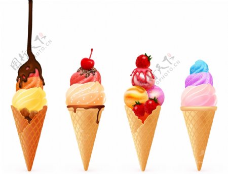 四只多彩美味的甜筒冰淇淋