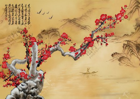 红梅山水瓷砖背景墙